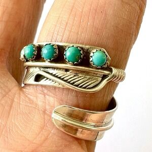 Navajo Turquoise Wrap Ring Feather Sz 7 Adjustable Bypass Sterling‎ Signed AD
